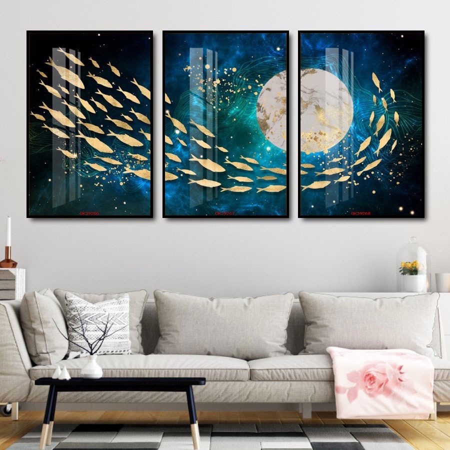 Tranh Laminate Tráng Gương - Tranh Treo Tường Phòng Khách, Phòng Ngủ Đàn Cá Vàng Nghệ Thuật