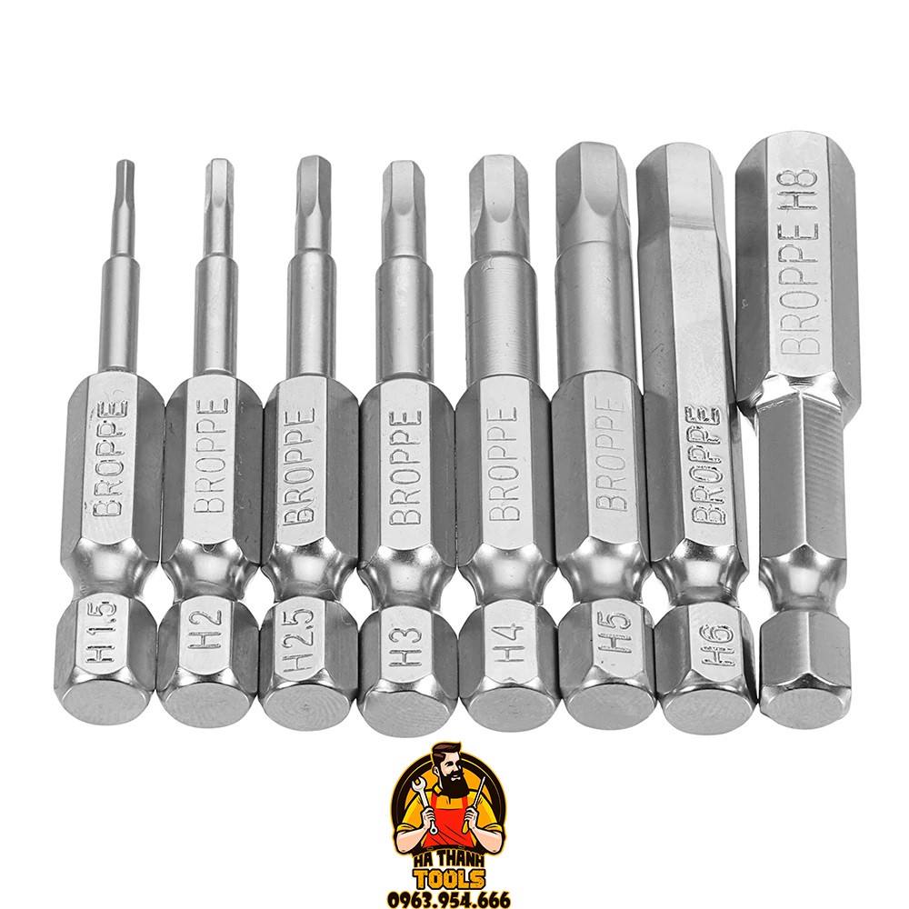 Bộ 8 Mũi Bắn Vít Lục Giác BROPPE 50mm Cho Khoan Pin, Khoan Điện H1.5 - H8