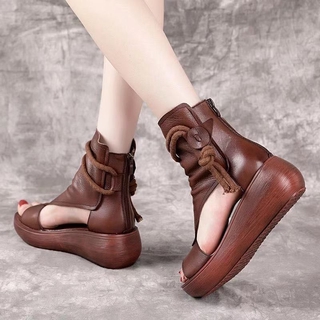 Sandal Cao Cổ La Mã Bằng Da Mềm Miệng Cá Thiết Kế Đế Xuồng Dày Tăng Chiều Cao Thời Trang Mùa Hè 2021 Cho Nữ
