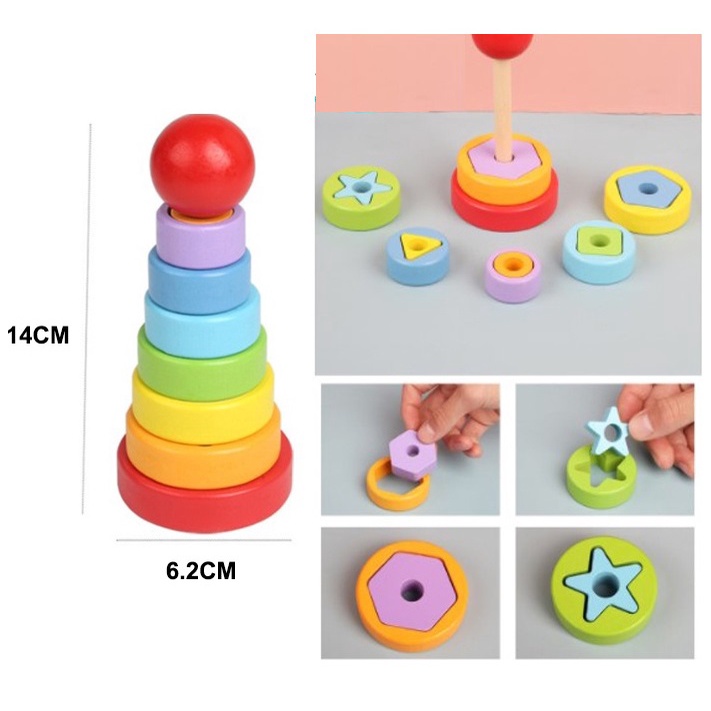 Đồ chơi gỗ Xếp hình gỗ thông minh hình trụ sơn màu an toàn cho bé Gôn đồ chơi