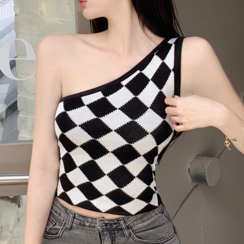 Youyo Áo Croptop Dệt Kim Không Tay Lệch Vai Kẻ Sọc Kim Cương Gợi Cảm Cho Nữ Sl