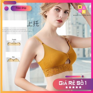 Áo lót nữ không gọng phối ren siêu nâng ngực, áo bra ren nơ cotton 2 dây BAS053
