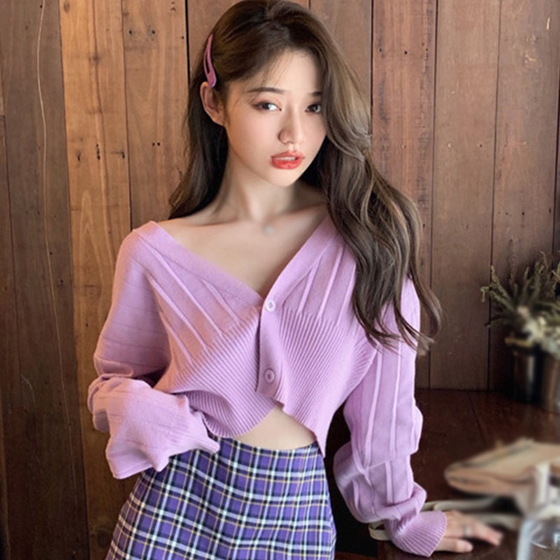 Áo Croptop Dệt Kim Tay Dài Cổ Chữ V Phong Cách Hàn Quốc | BigBuy360 - bigbuy360.vn