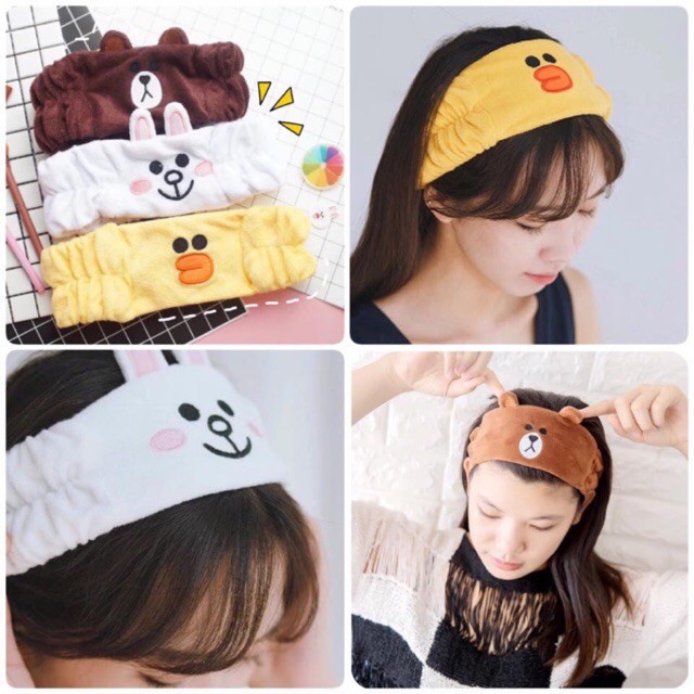 Băng đô Turban Line Phẳng Gấu Brown, Thỏ Cony, Vịt Vàng bờm rửa mặt, tẩy trang, trang điểm dễ thương
