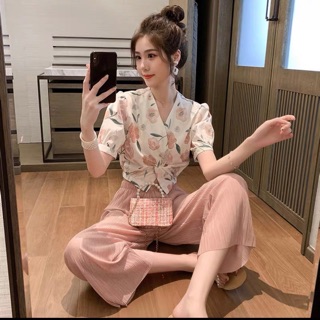 Set bộ áo crop top và quần ống rộng hoạ tiết hoa hồng phong cách ulzang