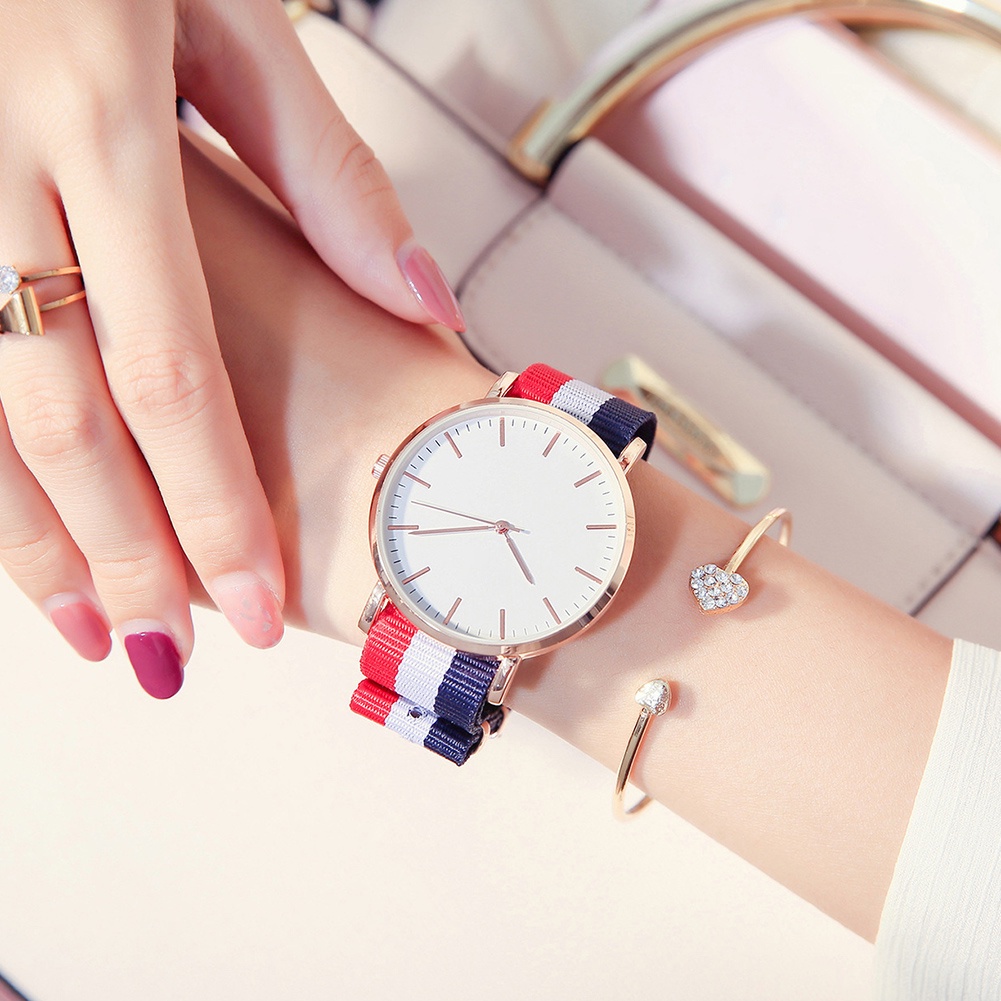 Đồng hồ đeo tay bộ máy quartz dây đeo bằng nylon họa tiết kẻ sọc thời trang cho cặp đôi