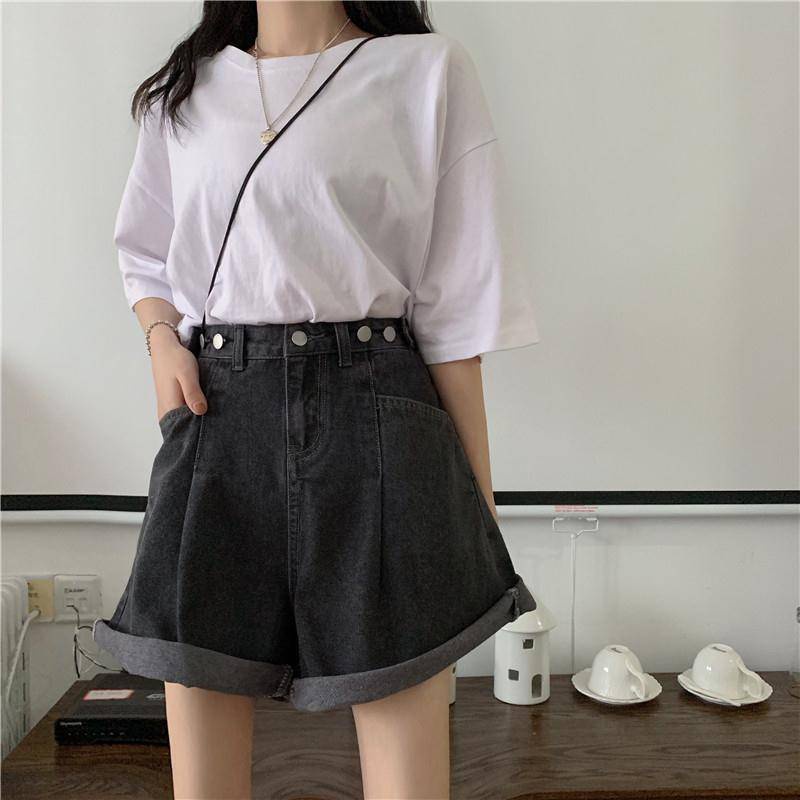 Quần Short Denim Lưng Cao Ống Rộng Thời Trang Hàn Quốc Dành Cho Nữ