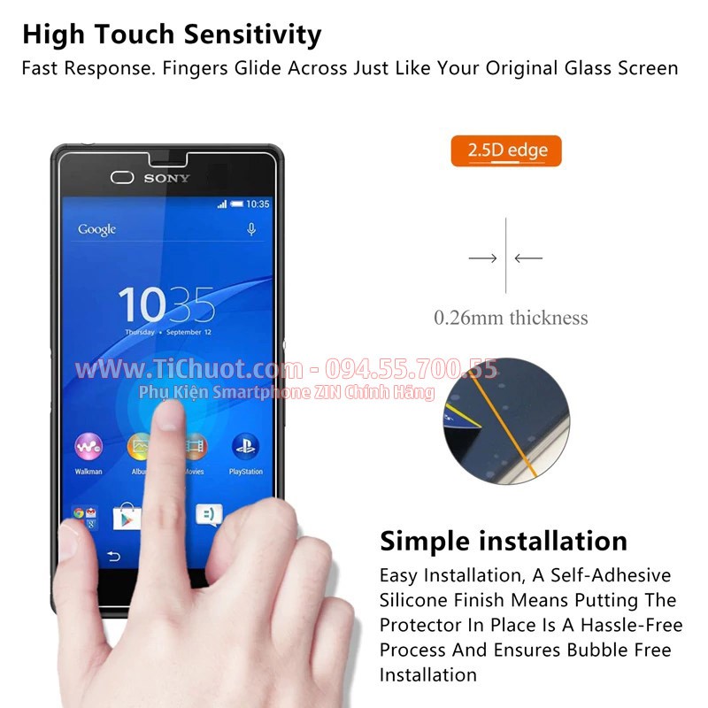 [Ảnh Thật] Kính CL SONY Z3 Cường Lực mài cạnh 2.5D 9H-0.26mm