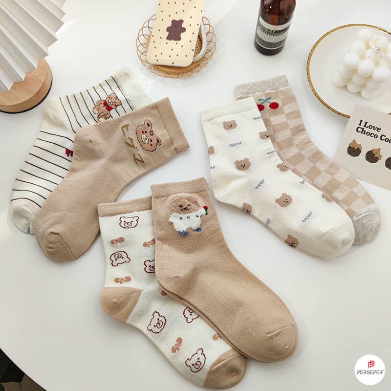 Set tất nữ cao cổ chất liệu cotton thoáng mát in hình dễ thương