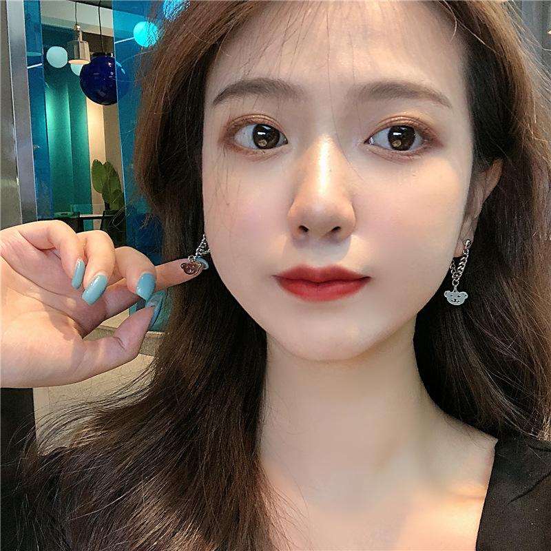 MANYUE Khuyên tai dáng dài hình chú gấu phối tua rua phong cách Hàn Quốc