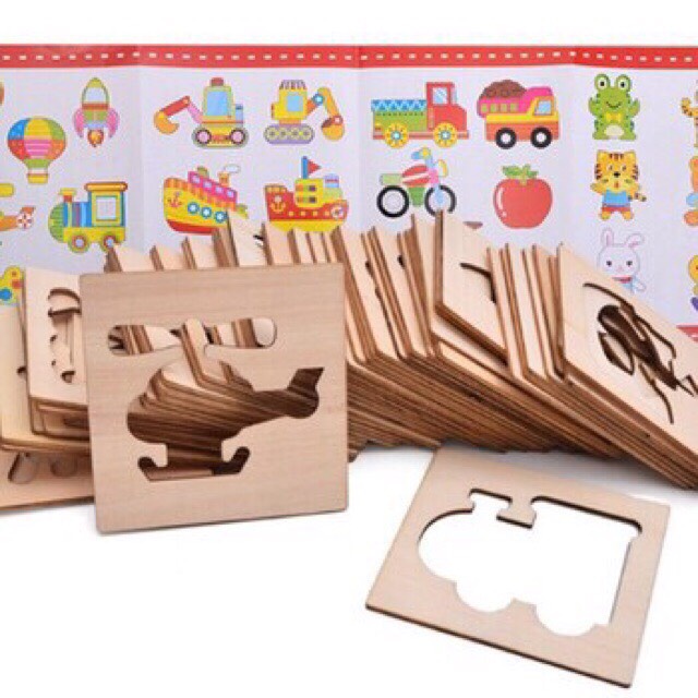 Đồ chơi giáo dục tập tô màu Bộ Khuôn hình gỗ an toàn cho bé tập vẽ gồm 48 chi tiết hoạt hình + Bút màu + Bút chì Kami