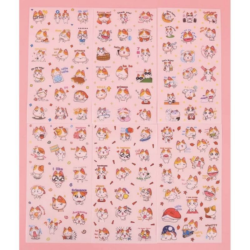 1 set (gồm 6 miếng) stickers hình mèo Chibi tinh nghịch