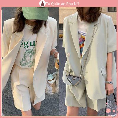 Bộ Áo Khoác blazer Ngắn Tay + Quần Short Dáng Rộng Thời Trang Mùa Hè 2021 Cho Nữ