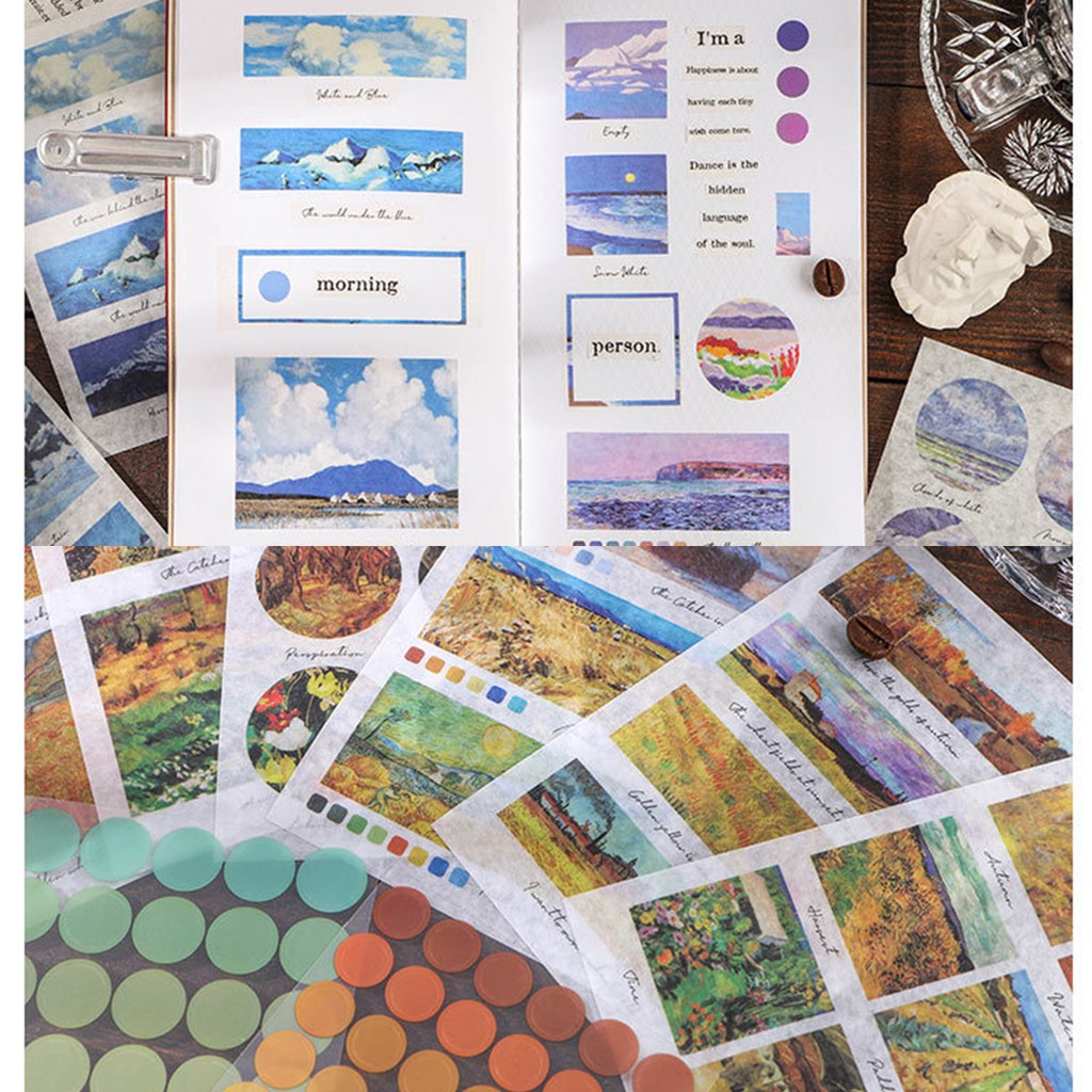 Set 8 tấm sticker giấy washi tranh vẽ và hình tròn trang trí planner