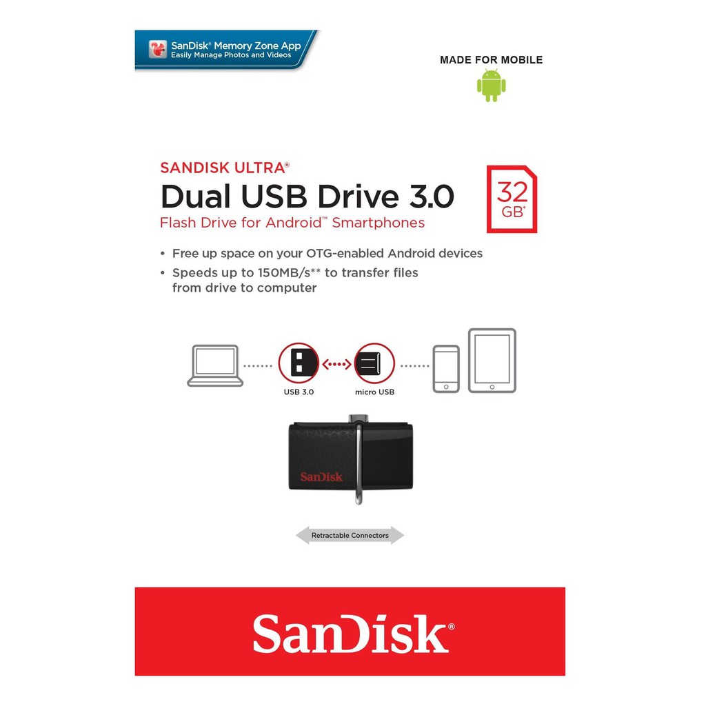 USB OTG Sandisk 3.0 Ultra Dual 64GB 150MB/s (Bạc)