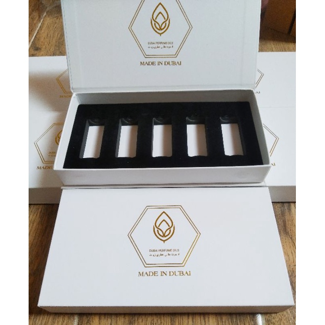 Sỉ combo 10 Vỏ hộp giấy cứng dubai đựng 5 chai 3ml dạng bi lăn làm bộ sét mini nước hoa dùng thử