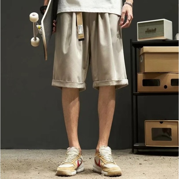 Triple A💕Shorts men's summer thin section Hong Kong style Japanese ice silk drape middle pants boys solid color wild curled casual five-point pants