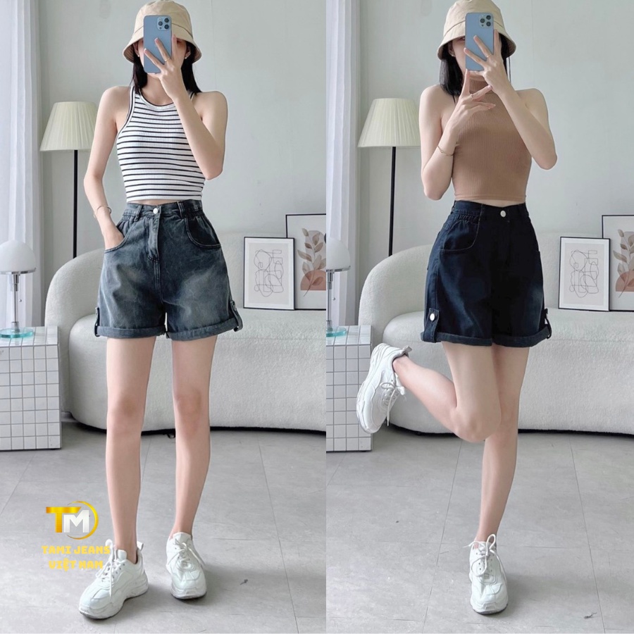 Quần short jean nữ lưng cao eo nhún chun lai bách 4 màu đậm, nhạt, đen, tro