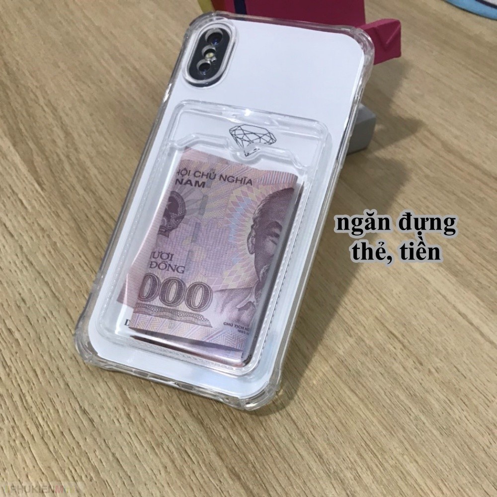 Ốp lưng dẻo trong suốt có ngăn nhét thẻ card chống sốc 4 góc cho iPhone X/XS, 12/12 Pro, 13/13 Pro giá rẻ