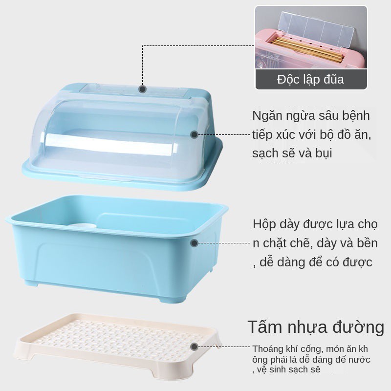 [Tư liệu bình đựng thức ăn] Bát đĩa gia đình, tủ bếp có giá để thoát nước, nắp trong suốt, hộp bộ đồ ăn đậy