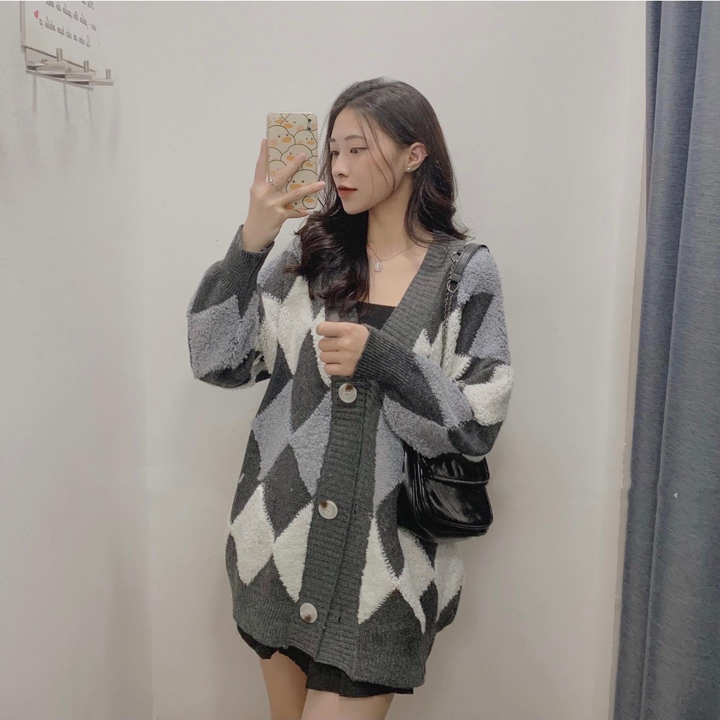 [ÁO CHOÀNG] Cardigan Dáng Hàn Hoạ Tiết Trám, Áo Khoác Len Lông Cừu Siêu Ấm