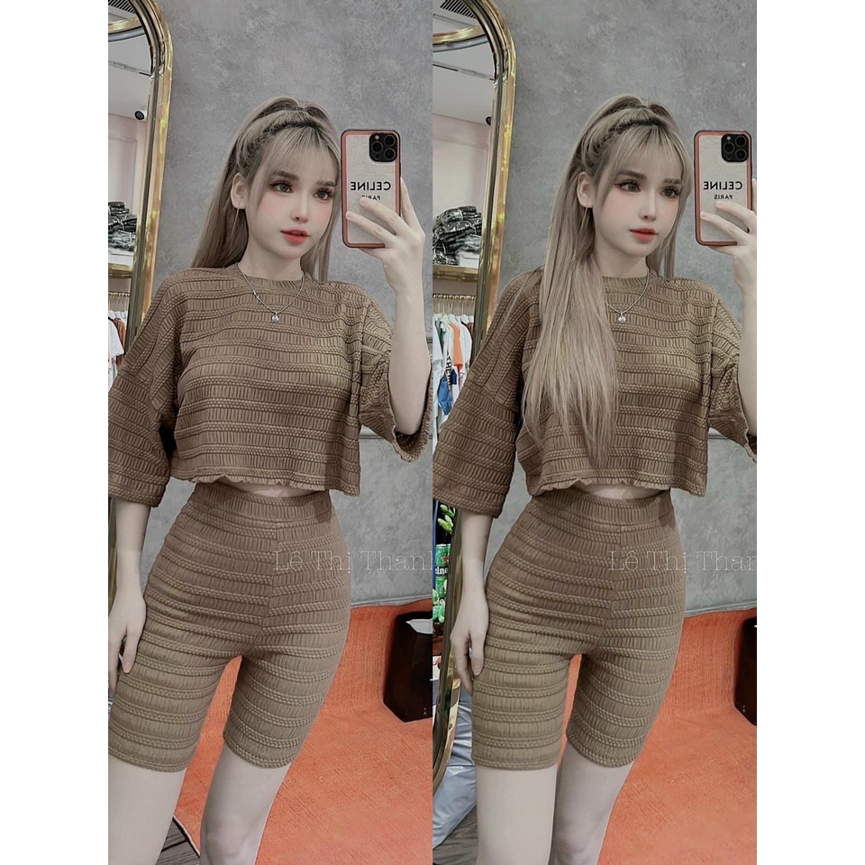 Sét bộ thời trang nữ mặc đi chơi, Sét bộ len ren áo ngắn tay lỡ cổ tròn mix quần leging ôm 4 màu xinh xắn