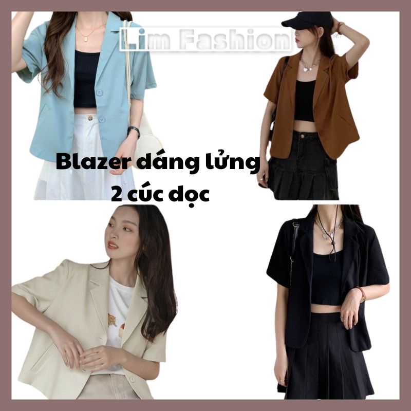 Áo blazer cộc tay croptop màu trơn 2 cúc, áo khoác vest dáng ngắn phong cách Hàn Quốc