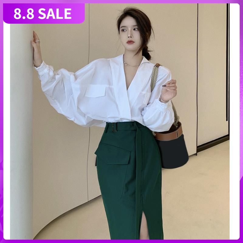 Cold breeze white shirt women's long-sleeved design temperament V-collar blouse loose spring advanced feeling shirt jack