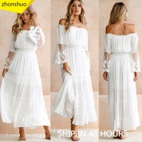 Đầm Maxi Dài Tay Hở Vai Phối Ren Màu Trắng Phong Cách Boho Thời Trang Đi Biển Cho Nữ
