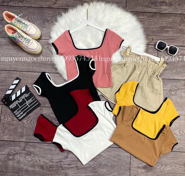 Áo croptop body viền cổ vuông 2 mặt