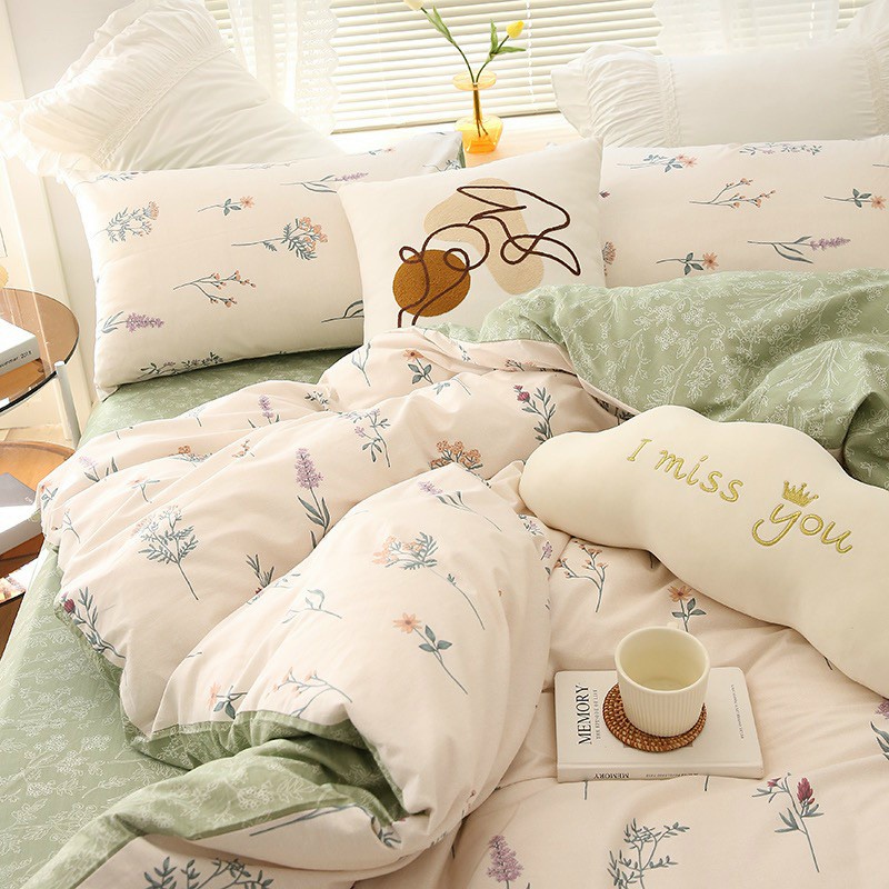 Chăn Ga Gối Cotton Living 💝 FREESHIP 💝 Bộ Chăn Ga Cotton 100% " Vườn Cỏ Xanh " nhập khẩu 4 món