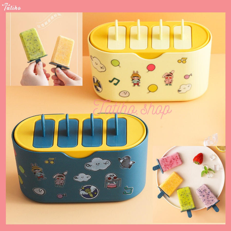 Mô tả sản phẩm Hộp Làm Que Kem 4 Ngăn Cao Cấp Có Kèm Sticker Dễ Thương - Mã KIT001