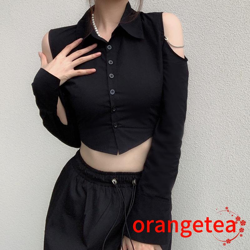 Áo Croptop Trễ Vai Tay Dài Màu Sắc Ngọt Ngào Phối Dây Xích Thời Trang Cho Nữ