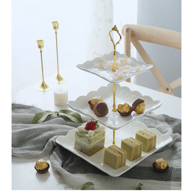 Khay bằng sứ trắng 3 tầng cupcake, trái cây, tiệc trà