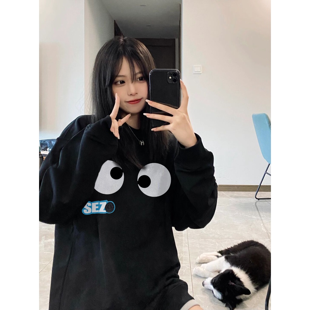 SELVZE Áo sweater tay dài cổ tròn dáng rộng vải cotton in họa tiết thời trang cao cấp