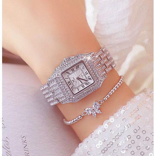 Đồng hồ nữ mặt vuông, đồng hồ nữ dây kim loại đính đá chính hãng BEE SISTER, thời trang cao cấp, giá rẻ
