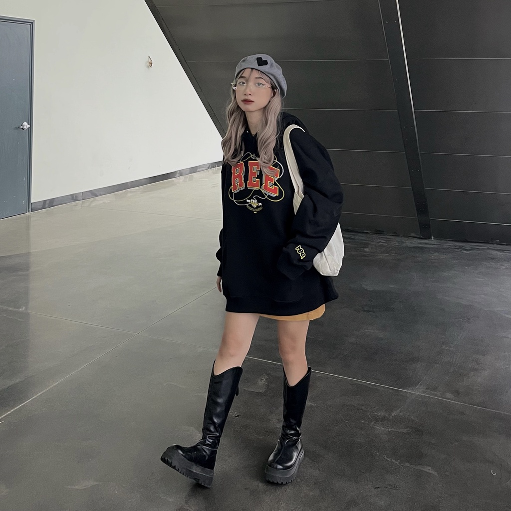 LOCAL BRAND REE - ÁO HOODIE BASIC THÊU DA MÀU ĐEN