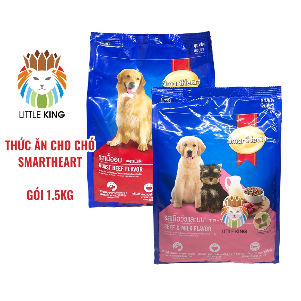 Thức ăn cho chó Smartheart vị thịt bò gói 1.5kg, Thức ăn hạt cho chó giá rẻ Little King pet shop