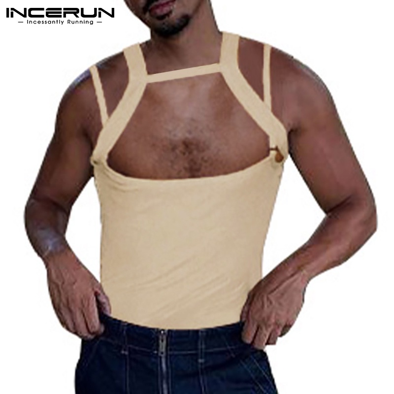 Áo tanktop INCERUN dáng ôm phối dây màu trơn thiết kế rỗng quyến rũ cho nam