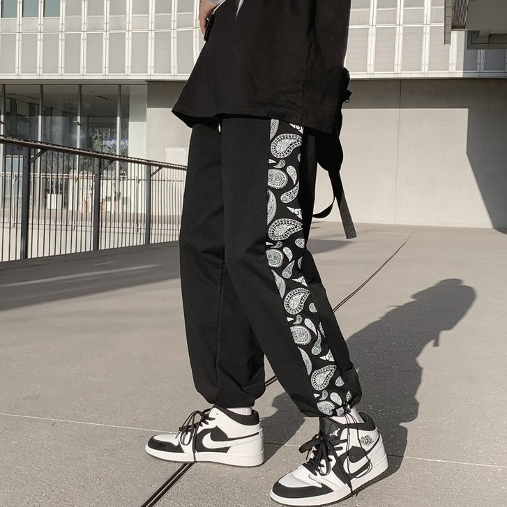 Quần Thể Thao Ống Suông Phối Dây Rút In Họa Tiết Phong Cách Hip Hop Hàn Quốc