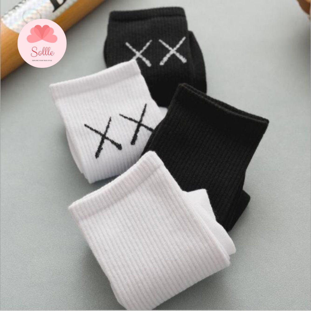 Tất vớ nam nữ cổ cao cổ lửng màu trơn đen trắng basic in chữ XX vải cotton thoáng mát Sollle