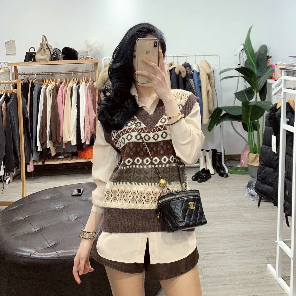 Áo gile len nữ hoạ tiết kẻ caro thổ cẩm vintage Ullzang