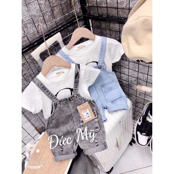 Set yếm jean áo gấu quàng khăn cho bé