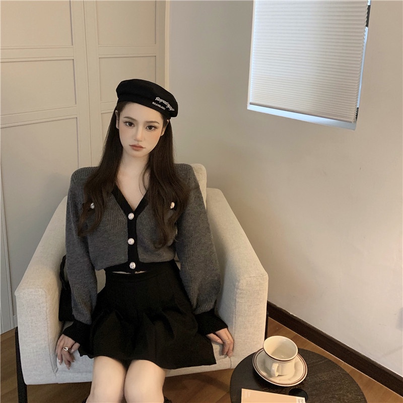 Áo cardigan dệt kim ZHELIHANGFEI tay dài cổ chữ V lưng cao phong cách retro dành cho nữ