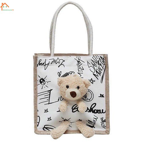 [Shopee]Túi cói đựng đồ kèm gấu Teddy hình vuông CỰC dễ thương