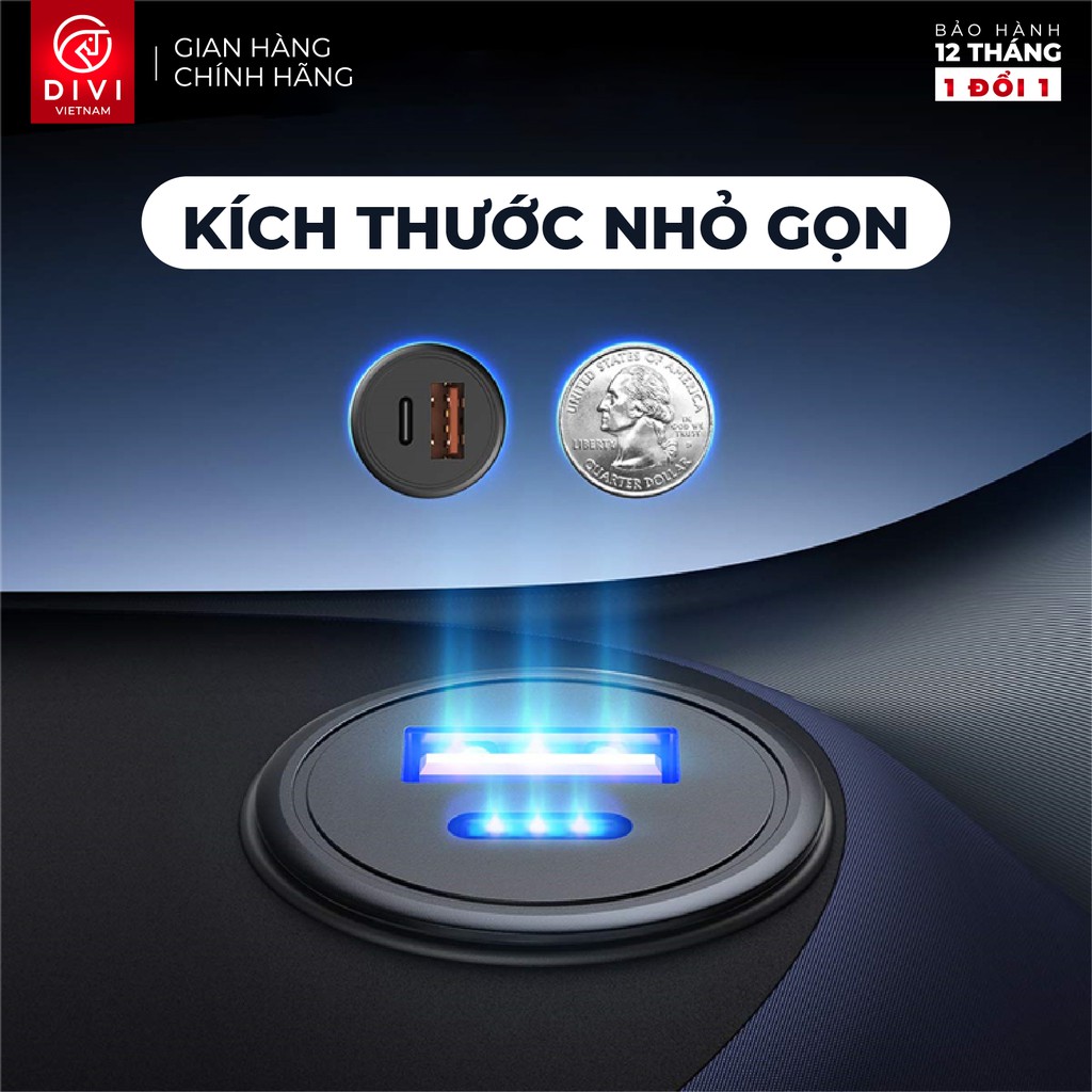 Tẩu sạc nhanh ô tô DIVI QD-H73 Sạc nhanh QC 3.0, PD Công suất 30W 2 cổng - Hàng chính hãng - Bảo hành 1 năm 1 đổi 1