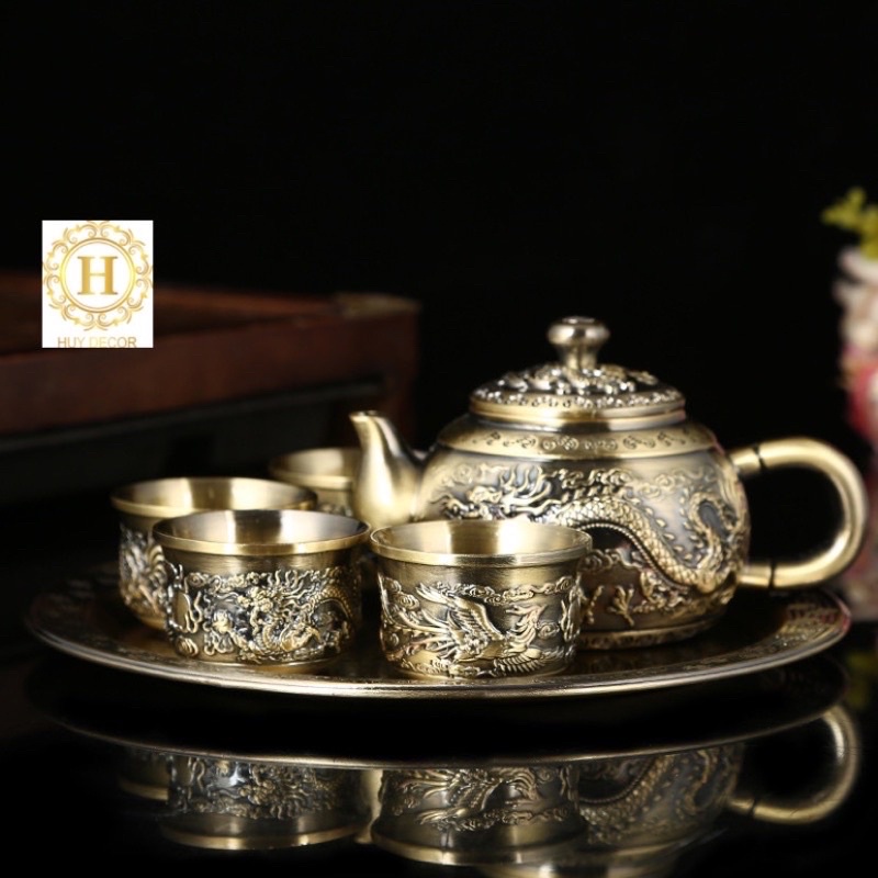 Bộ ấm chén kim loại uống trà để bàn thờ gia tiên
