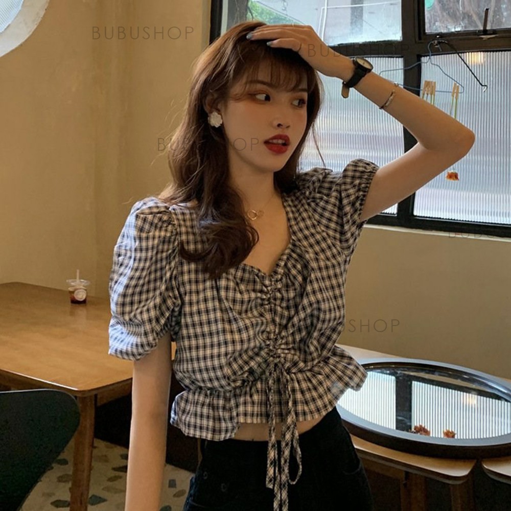 [Áo kiểu nữ] Áo croptop kiểu nữ kẻ ô vai chun bụng, áo croptop áo kiểu thời trang ulzzang BUBUSHOP A06