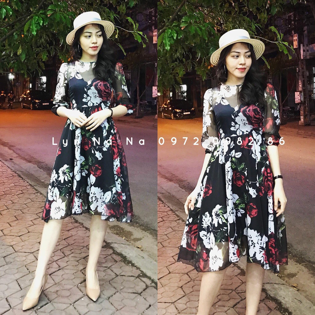 Váy tơ hoa trà dáng xòe tay lỡ