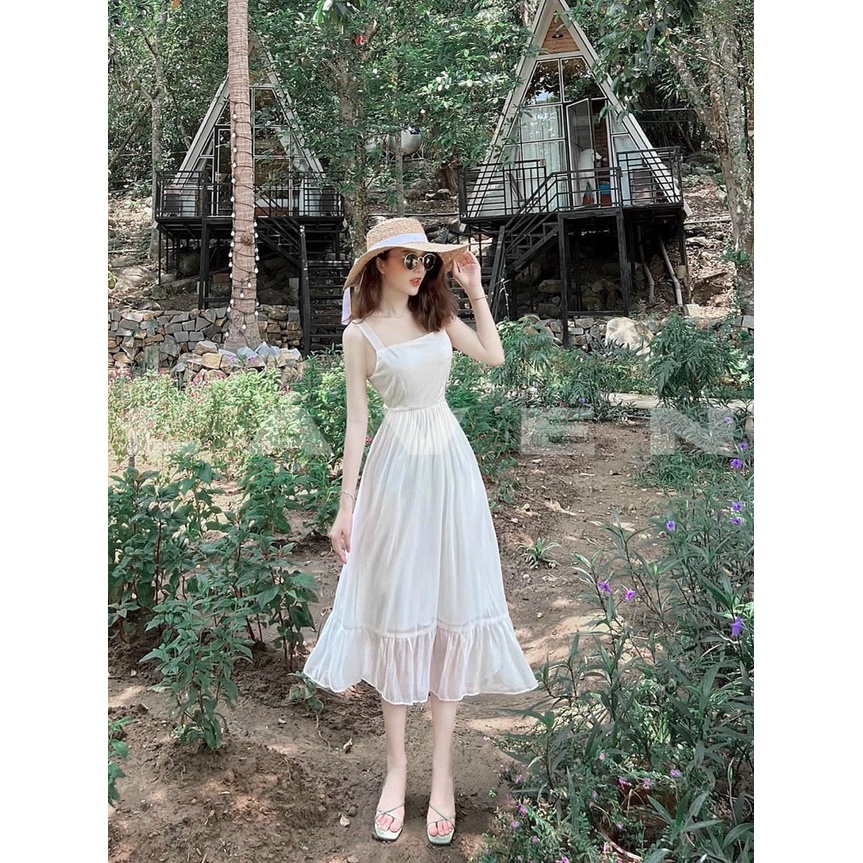 Đầm maxi voan chingfon 2 lớp màu trắng